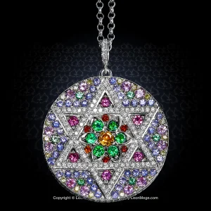 Leon Mege Star of David Gemstone Medallion Pendant in 18K white gold with a secret prayer engraving p8815