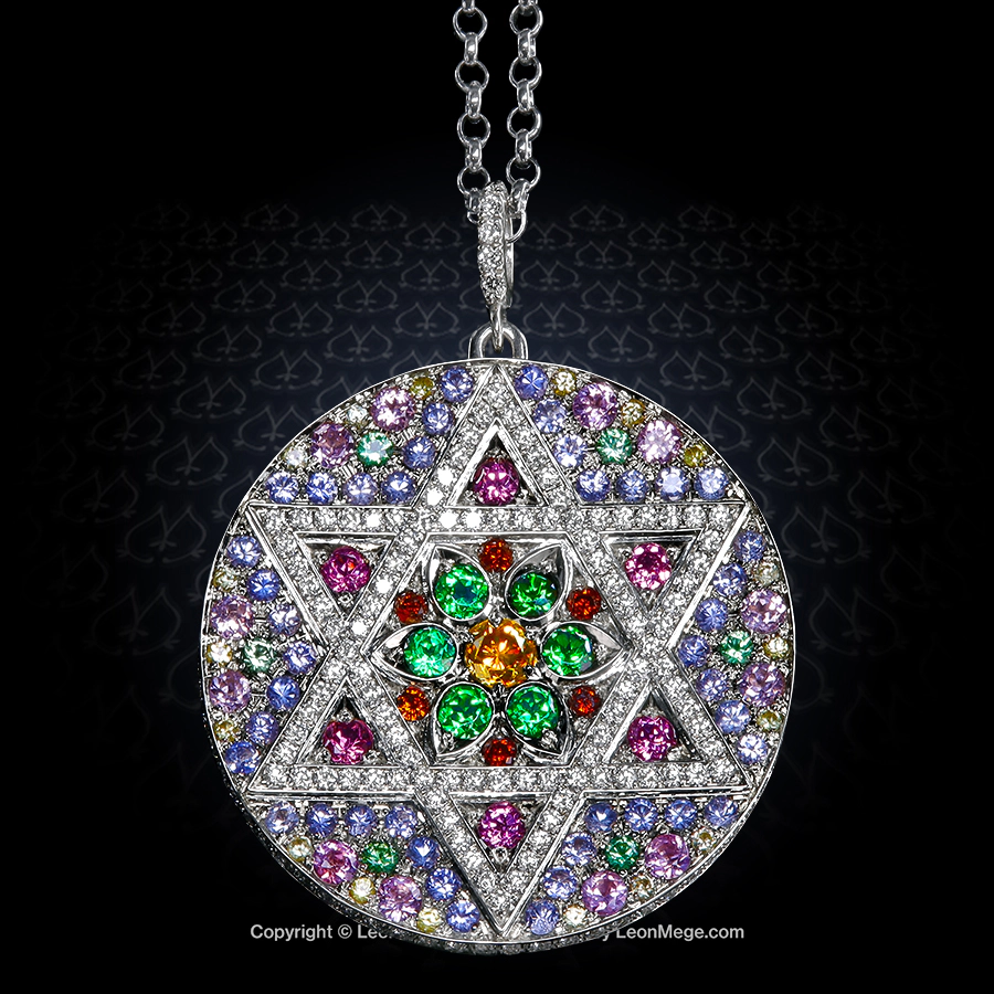 Leon Mege Star of David Gemstone Medallion Pendant in 18K white gold with a secret prayer engraving p8815
