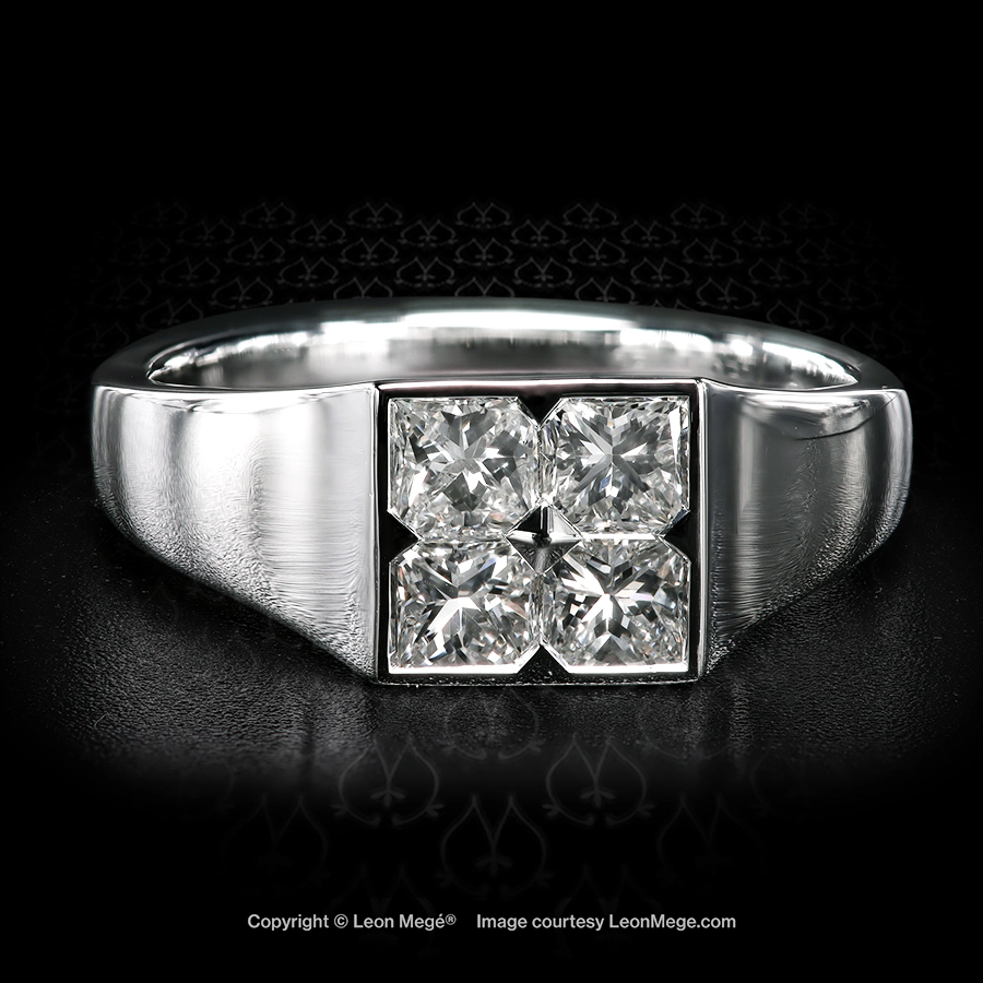 Leon Mege hand made platinum signet diamond ring with invisible-set princess cuts r8810