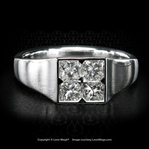 Leon Mege hand made platinum signet diamond ring with invisible-set princess cuts r8810